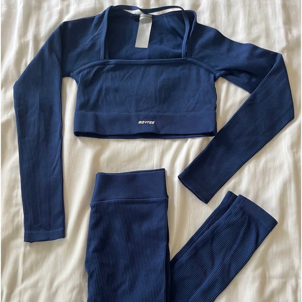 bo + tee matching navy blue workout gym set